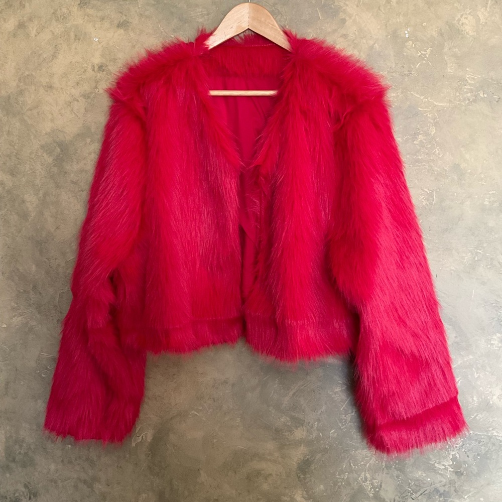 Shein Red Faux Fur Open Front Cropped Jacket
